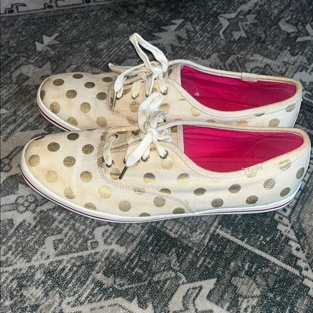 Kate Spade Keds Gold and White Sneakers with Polka Dot Design size 9.5